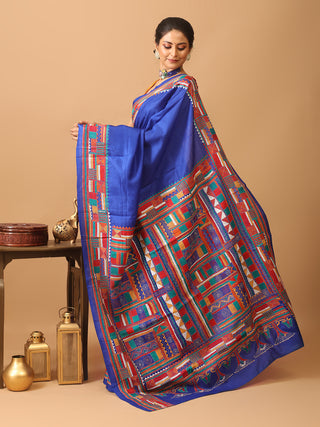 Royal Blue Pure Bangalore Silk Saree With Hand Kantha Embroidery