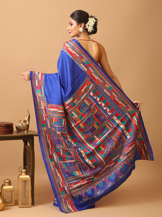 Royal Blue Pure Bangalore Silk Saree With Hand Kantha Embroidery
