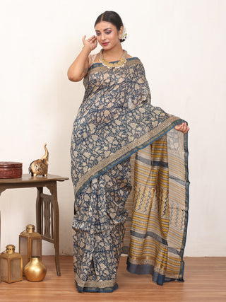 Greyish Blue Bagru printed Chanderi silk Saree