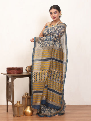 Greyish Blue Bagru printed Chanderi silk Saree