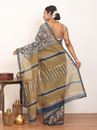 Greyish Blue Bagru printed Chanderi silk Saree