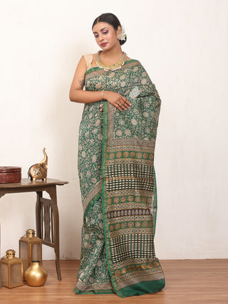 Emerald Green Bagru printed Chanderi silk Saree