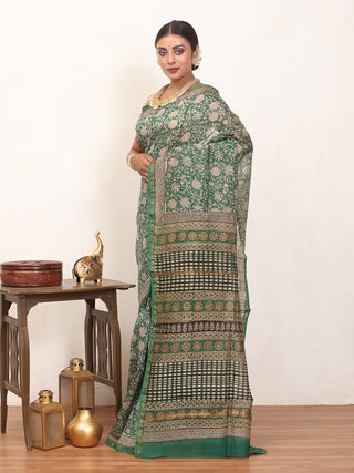 Emerald Green Bagru printed Chanderi silk Saree