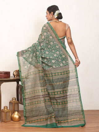 Emerald Green Bagru printed Chanderi silk Saree