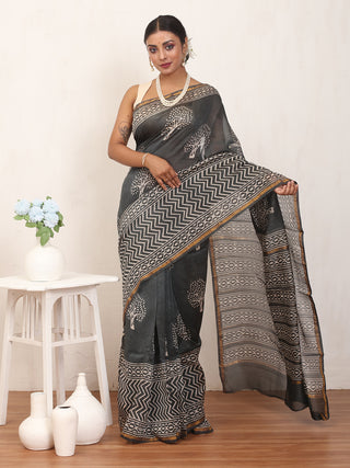 Grey Bagru printed Chanderi silk Saree