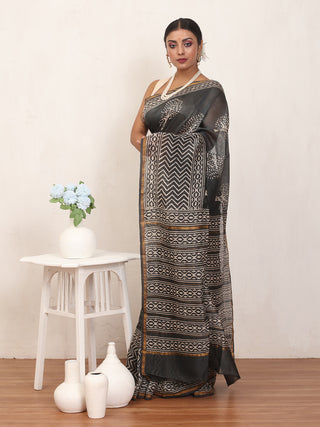 Grey Bagru printed Chanderi silk Saree