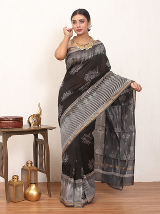 Black And Grey Bagru printed Chanderi silk Saree