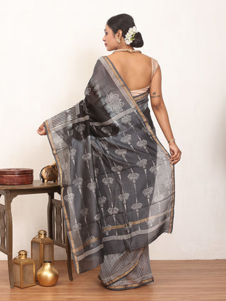 Black And Grey Bagru printed Chanderi silk Saree