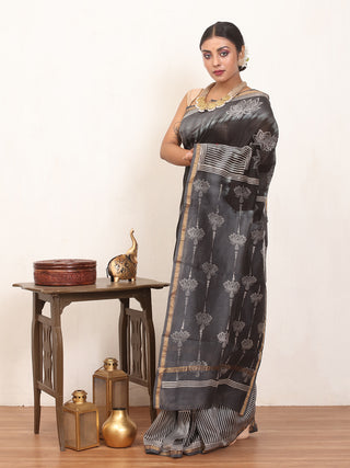 Black And Grey Bagru printed Chanderi silk Saree