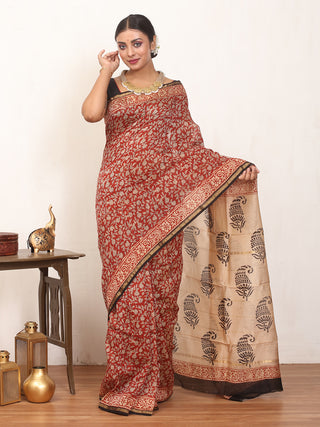 Brick Red Bagru printed Chanderi silk saree