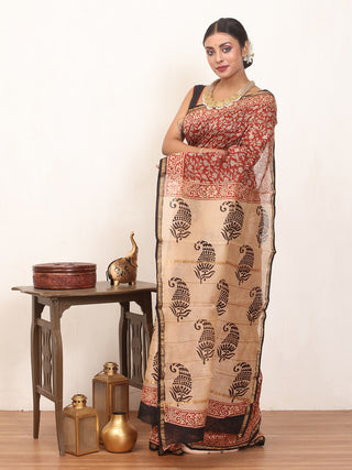 Brick Red Bagru printed Chanderi silk saree