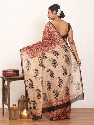Brick Red Bagru printed Chanderi silk saree