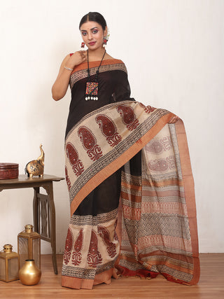 Black and Beige Bagru Printed Chanderi Silk Saree
