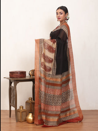 Black and Beige Bagru Printed Chanderi Silk Saree