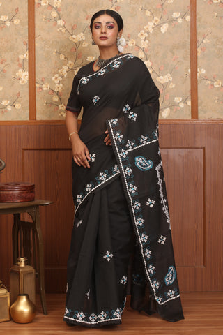 Black Chanderi Silk Saree With Gujarati Hand Embroidery
