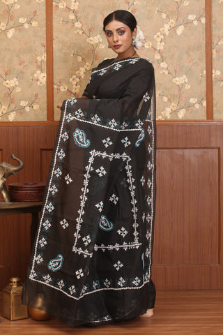 Black Chanderi Silk Saree With Gujarati Hand Embroidery