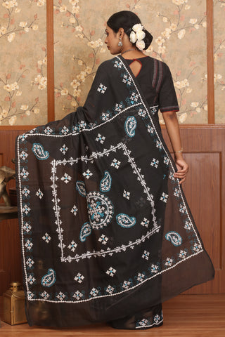 Black Chanderi Silk Saree With Gujarati Hand Embroidery