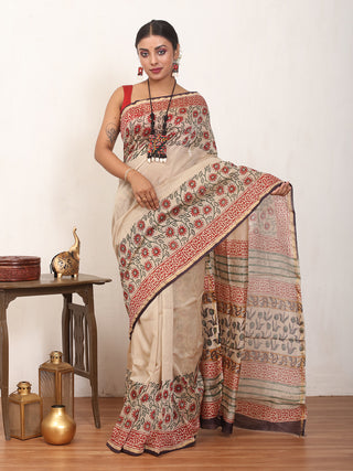 Beige Colour Pure Chanderi Silk Saree With Kalamkari Print