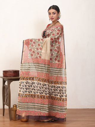 Beige Colour Pure Chanderi Silk Saree With Kalamkari Print