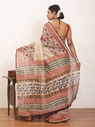 Beige Colour Pure Chanderi Silk Saree With Kalamkari Print