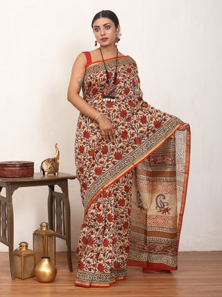 Beige Colour Pure Chanderi Silk Saree With Kalamkari Print