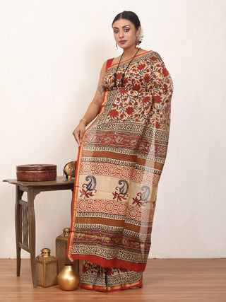 Beige Colour Pure Chanderi Silk Saree With Kalamkari Print