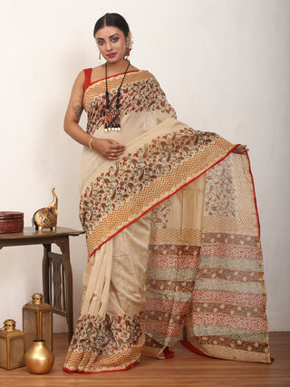 Beige Colour Pure Chanderi Silk Saree With Kalamkari Print