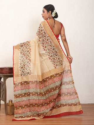 Beige Colour Pure Chanderi Silk Saree With Kalamkari Print