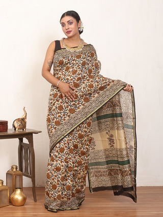 Beige Colour Pure Chanderi Silk Saree With Kalamkari Print