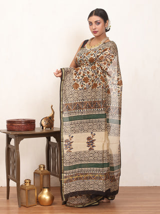 Beige Colour Pure Chanderi Silk Saree With Kalamkari Print