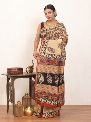 Beige Colour Pure Chanderi Silk Saree With Kalamkari Print