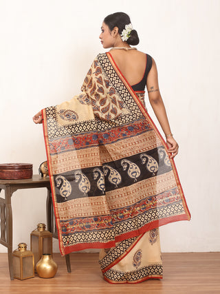 Beige Colour Pure Chanderi Silk Saree With Kalamkari Print
