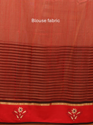 Beige and Red Chanderi Silk Saree with Hand Kantha Embroidery