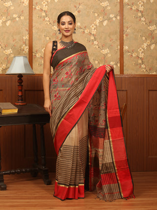 Beige and Red Chanderi Silk Saree with Hand Kantha Embroidery
