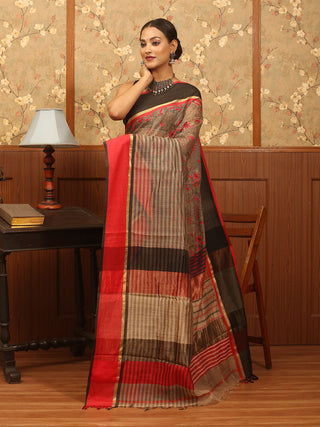 Beige and Red Chanderi Silk Saree with Hand Kantha Embroidery
