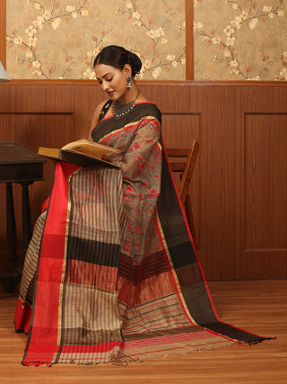Beige and Red Chanderi Silk Saree with Hand Kantha Embroidery