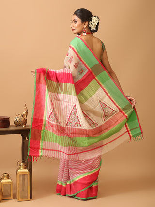 Off-White Chanderi Silk Saree with Hand Kantha Embroidery