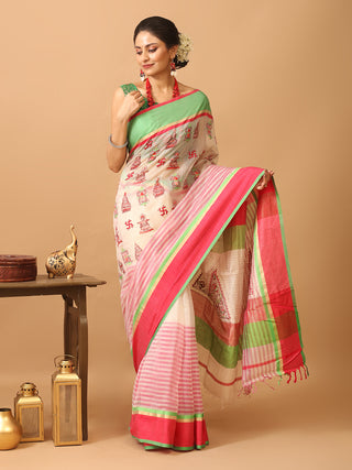Off-White Chanderi Silk Saree with Hand Kantha Embroidery