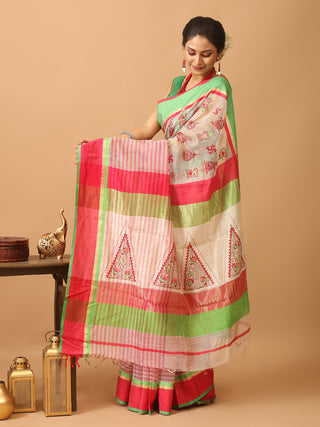 Off-White Chanderi Silk Saree with Hand Kantha Embroidery