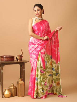 Fuchsia Colour Trendy Patli Pallu Chinnon Saree With Hand Painting And Shibori