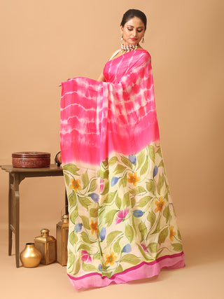 Fuchsia Colour Trendy Patli Pallu Chinnon Saree With Hand Painting And Shibori