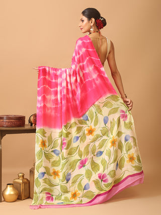 Fuchsia Colour Trendy Patli Pallu Chinnon Saree With Hand Painting And Shibori