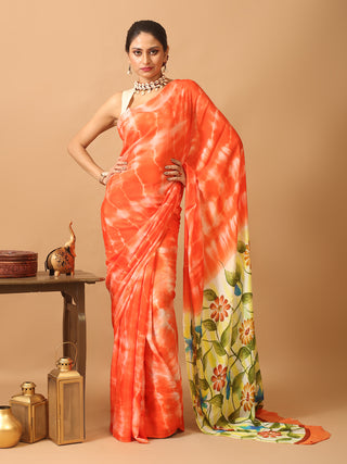 Orange Colourful And Trendy Chinnon Saree With Hand Painting And Shibori