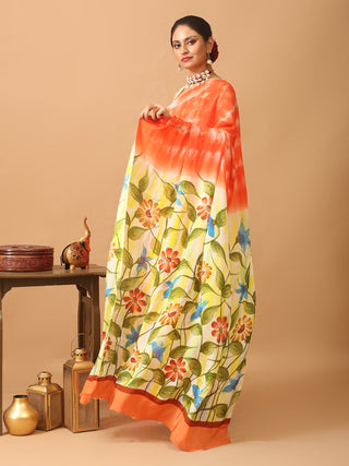 Orange Colourful And Trendy Chinnon Saree With Hand Painting And Shibori