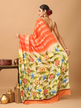 Orange Colourful And Trendy Chinnon Saree With Hand Painting And Shibori