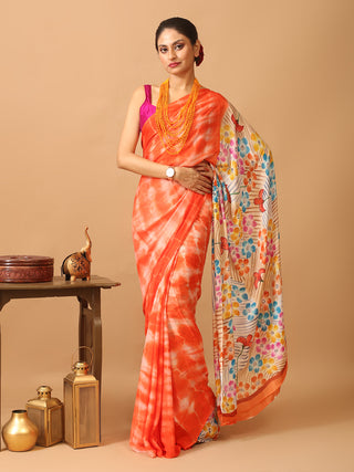 Orange Colourful And Trendy Chinnon Saree With Hand Painting And Shibori