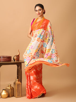 Orange Colourful And Trendy Chinnon Saree With Hand Painting And Shibori