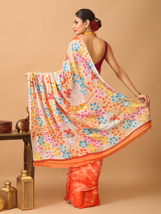 Orange Colourful And Trendy Chinnon Saree With Hand Painting And Shibori