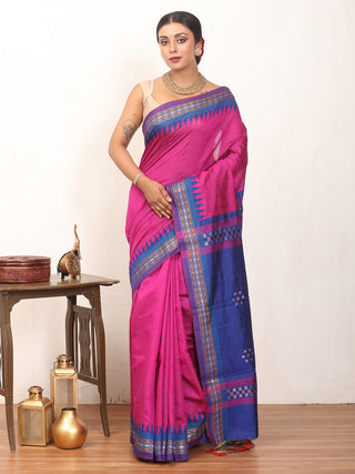 Magenta Chhattisgarh Raw Silk Saree with Royal Blue Karvati Border