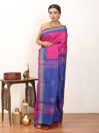 Magenta Chhattisgarh Raw Silk Saree with Royal Blue Karvati Border